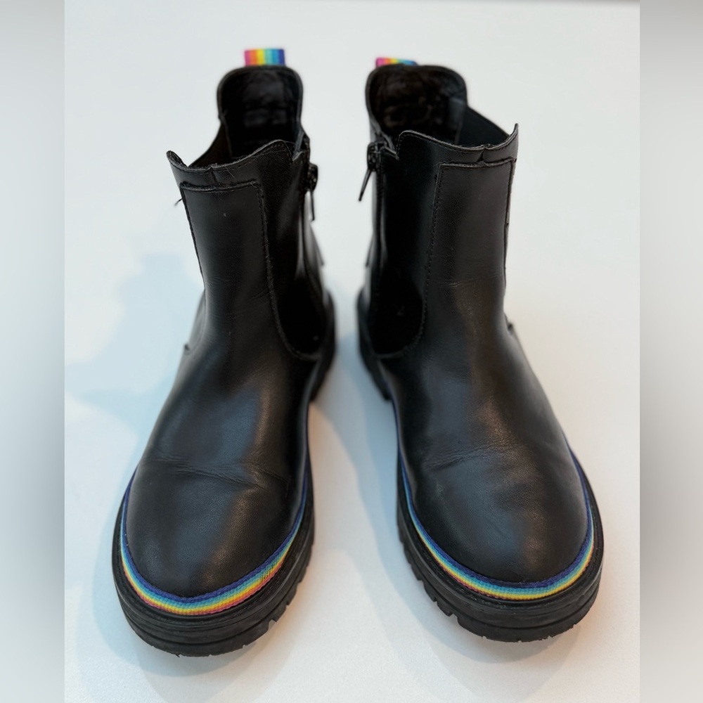 Kurt Geiger Birdie Chelsea Black Leather Boots with Rainbow Trim, SZ 2